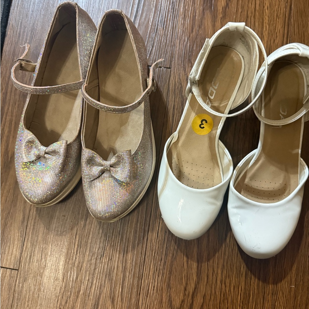 Bundle 2 Girls' Glitter Bow Ballet Flats and White Ankle Strap Shoes